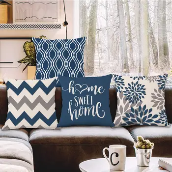 Nordic Sweet Home Темно-синяя льняная наволочка с геометрическим рисунком 60 *60 Украшение для дома, Чехол для диванной подушки, декоративная наволочка 50 * 50