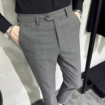 Высококачественный роскошный прямой деловой клетчатый костюм, брюки, Мужские дизайнерские весенне-летние Элегантные повседневные Длинные официальные брюки, мужские L03