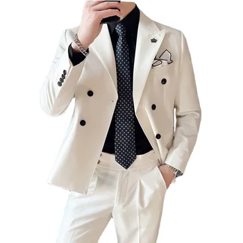 Однотонный мужской строгий деловой костюм из 2 предметов, черно-белое джентльменское свадебное платье для выпускного вечера, Двубортные блейзеры и брюки