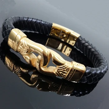 Черный плетеный кожаный золотой наручник, мужской браслет из нержавеющей стали 316L, магнитная застежка, мужской стальной германиевый браслет в стиле хип-хоп