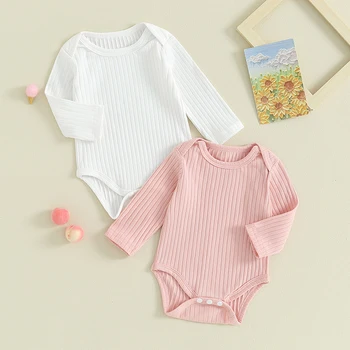 Комбинезон для маленьких мальчиков и девочек, 2 предмета, однотонный боди с длинными рукавами и круглым вырезом в рубчик, весенне-осенняя одежда для младенцев