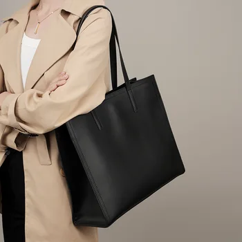 Новая нишевая женская сумка-тоут, кожаный портфель большой емкости, сумка для компьютера, черная сумка для поездок на работу из воловьей кожи