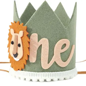 Шляпы с фетровой короной на один год, День рождения, мультяшное животное, шляпа для вечеринки в джунглях, Дети, ОДИН Лев, Детский душ, С 1-м Днем рождения, декор для вечеринки