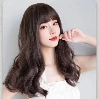 Парик интернет-знаменитости для женщин: имитация волос, большая волна, полное покрытие головы, корейский средней длины с челкой и локонами.