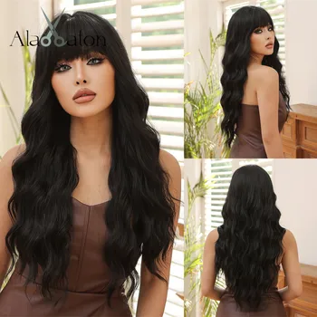 Темно-коричневые вьющиеся парики ALAN EATON, синтетические волосы с челкой, длинный волнистый парик для женщин, мягкий пышный парик, натуральный вид, термостойкий
