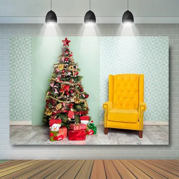 Зеленый Рождественский фон для фотосъемки в комнате, Семейный портрет, Подарки для детей, Елка, Желтое кресло, Фестивальный реквизит, Детская Фотостудия