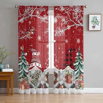 Рождественская снежная сцена, снежинки, окно в виде гнома, тюлевые занавески для гостиной, кухни, Рождественского домашнего декора, прозрачные вуалевые занавески